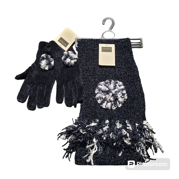 Covington Black Knit Fringe Scarf And Glove Set O/S - Picture 1 of 3